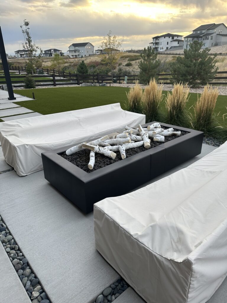 Square outdoor fire pit table with glass stones